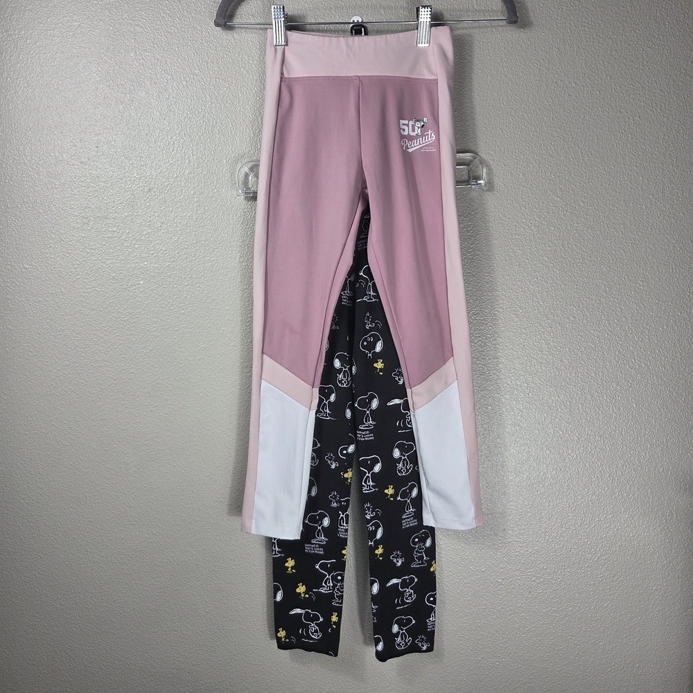 Zara Peanuts Snoopy Girls Leggings Set Size 8/9 Pink‎ Black Athletic 2 Pack